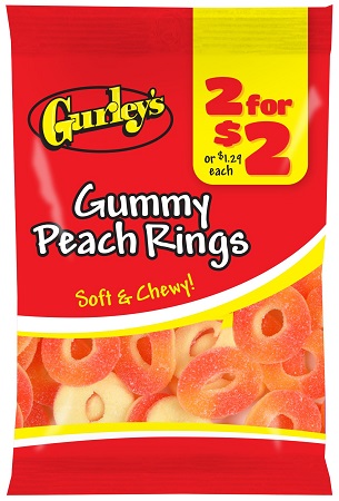 GURLEY'S 2/$2 GUMMY PEACH RINGS 2.5OZ