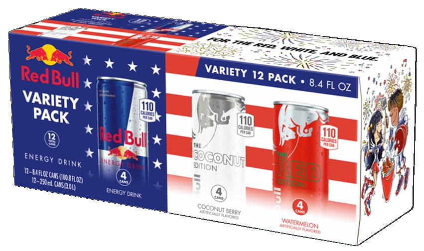 RED BULL -8.4OZ VARIETY PACK (250th ANNIVERSARY)LIMITED EDITION2/12 PACK (4-REG 4-COCO BERRY 4-WATERMELON)*$2.00 OFF PER CASE*